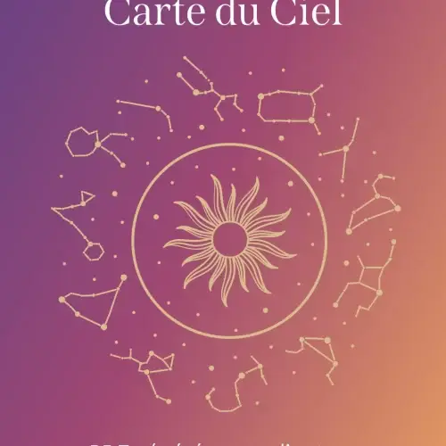 Illustration dorée d’un soleil au centre d’un cercle, entouré de constellations et d’étoiles sur fond dégradé, texte « Carte du Ciel » et « PDF généré par ordinateur »